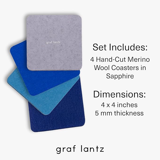 Graf Lantz - Bierfilzl Merino Wool Square Coasters Set of 4 - Sapphire (4"x4"x5mm) - Absorbs 30% of Weight - Natural German Wool - Heat Resistant, Sustainable, Reusable - Home Decor