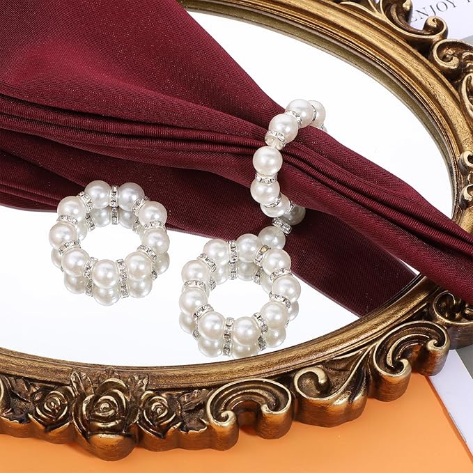 60Pcs Pearl Napkin Rings,Imitation Pearl Beaded Napkin Ring Holder,Serviette Napkins Rings Bulk for Wedding Reception Dinner Table Decor Banquet Home Party (White&Silver, 60Pcs)