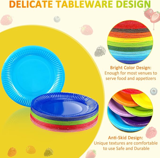 Thenshop 300 Pcs Colorful Paper Plates 7 Inch Disposable Party Plates for Dessert Cake Birthday Party Supplies(Classic Colors)