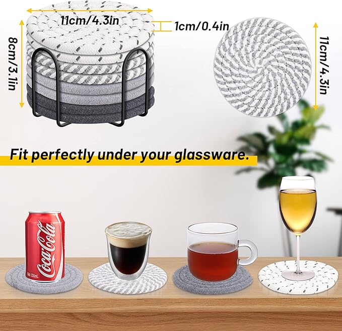 Mckanti 8 Pcs Drink Coasters with Holder, 4 Colors Absorbent Coasters, Minimalist Cotton Woven Coaster Set for Living Room Decor, Tabletop Protection Suitable for Kinds of Cups, 4.3 Inches