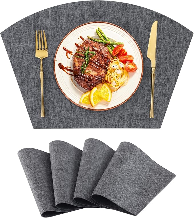 Homaxy Round Table Placemats Set of 4, Washable Wedge Shaped Faux Leather Table Mats, Wipeable Kitchen Dinner Place Mats for Indoor Outdoor, Dark Grey
