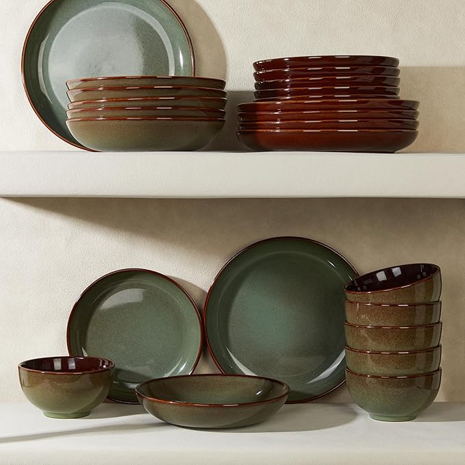 16 Piece Double Bowl Dinnerware Sets with Pasta Bowls, Highly Chip and Crack Resistant Plates and Bowls Sets, Natural Earthyware Ceramic Dishware Sets, Service for 4 Sage Green