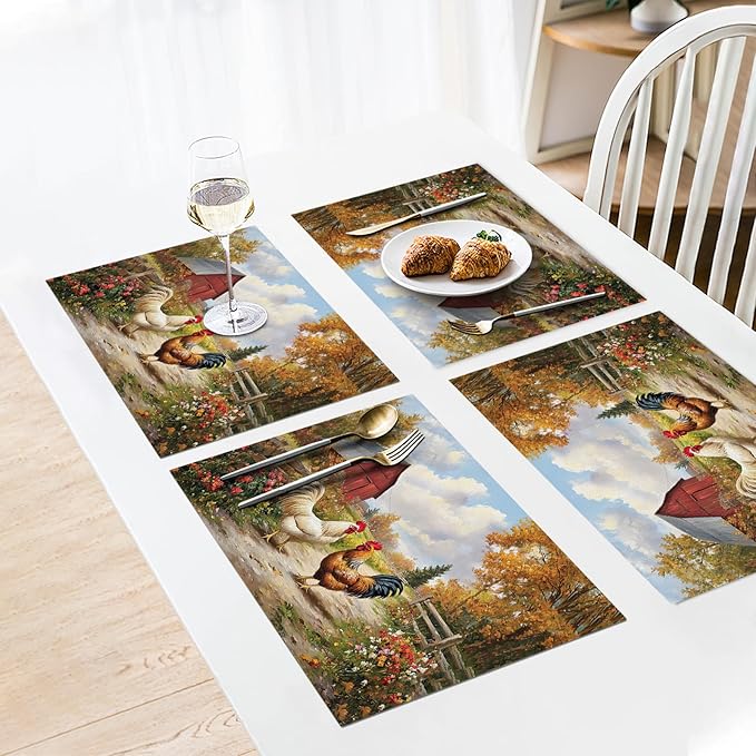 Farmhouse Rooster Placemats Set of 4, Farm Chicken Place Mats, Rustic Farm Coop Waterproof Washable Table Mats for Home Party Indoor Kitchen Dining Table Decoration 12x18 Inch