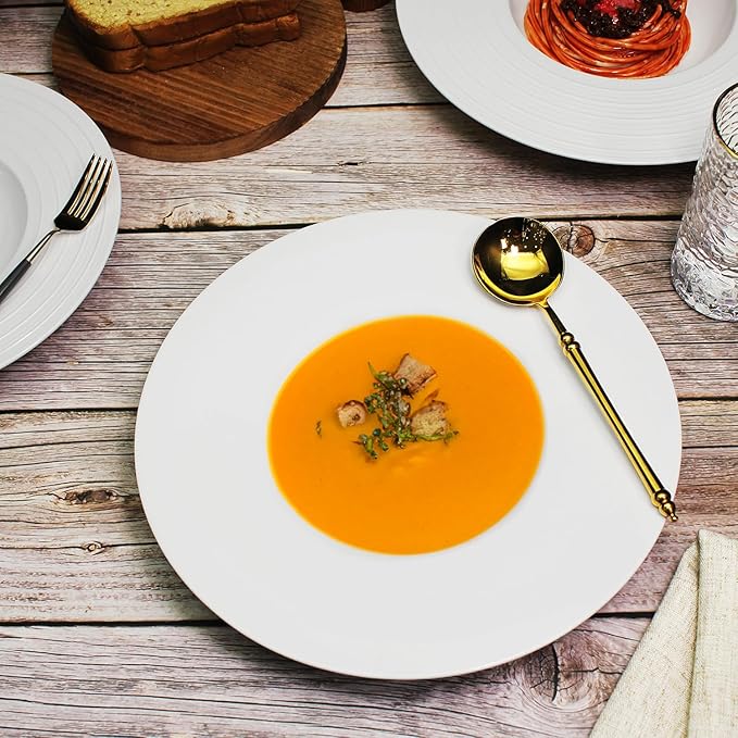 Ceramic Wide Rimmed Soup Plate, Soup Bowl 9 oz, Pasta Bowl Set of 4, White Shallow Bowl Plate with Rim, Best choice for high-end restaurants, hotels, and foodies, 10.85 Inch