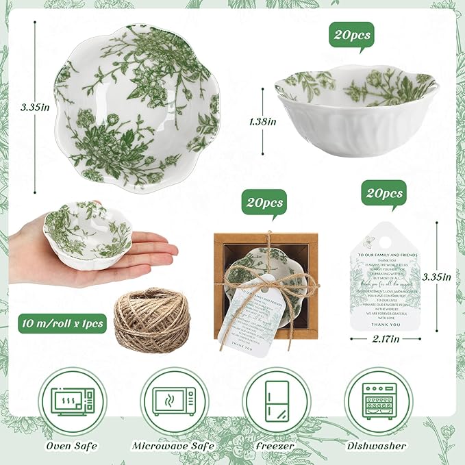 20 Pack Wedding Favors for Guests Small Ceramic Bowls Bulk Gifts Set 3.3 Inch Sage Green Verdure Design Mini Dipping Bowl Sauce Dish with Cards Box for Party Shower Favor Souvenir