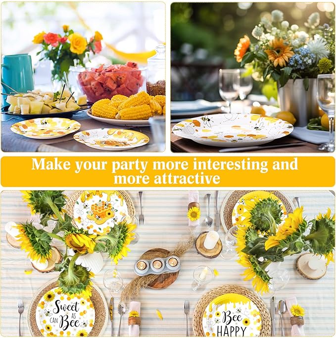60 Pcs 7 Inch Honey Bee Paper Plates Bee Happy Shower Tableware Gender Reveal Party Dinnerware Honey Theme Day Birthday Party Tableware Decorations Favors