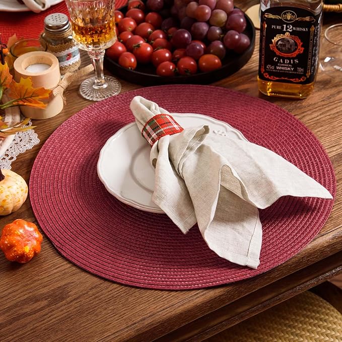 AHHFSMEI Round Braided Placemats 15 Inch Round Table Mats for Dining Tables Natural Woven Heat Resistant Place mats Set of 4 (Burgendy Red,4)