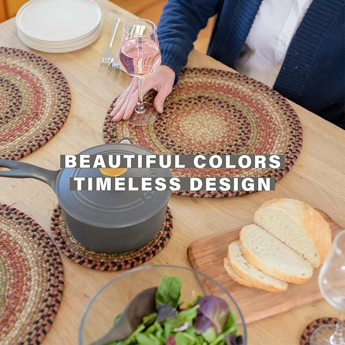 Homespice Gingerbread Jute Braided Placemats, Warm Country Decor, Set of 4, Brown 13x19 Oval Table Mats - Vibrant Colors, Durable, Easy to Clean and Protects Furniture