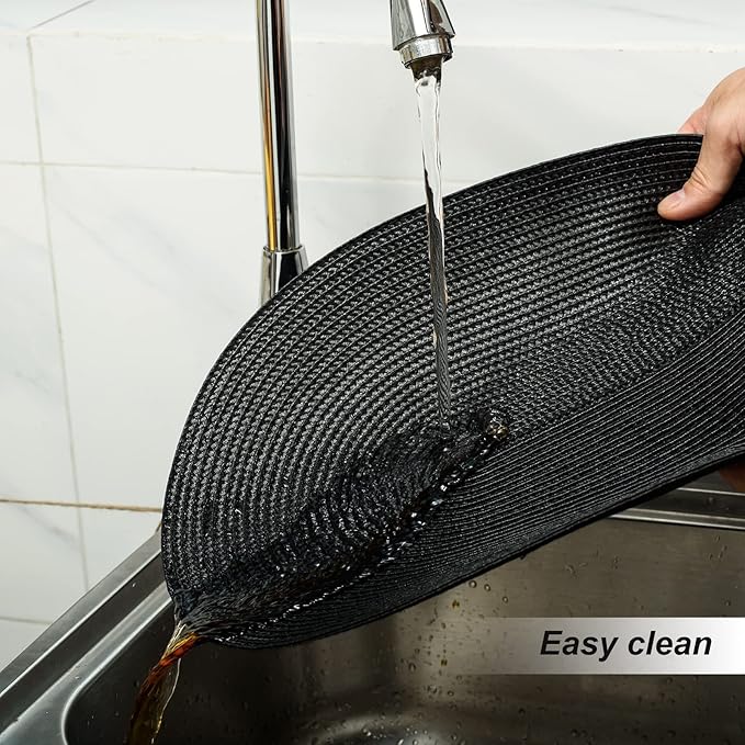 FunWheat Oval Braided Placemats Set of 4 Table Mats for Dining Tables Washable Heat Resistant Place Mats for Indoor Outdoor Use 12 x18 Inch(Oval Black, 4pcs)