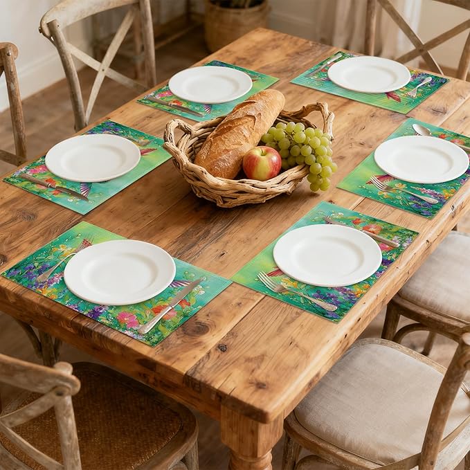 Hummingbird 12x18 Inch Placemats Set of 6 - Waterproof, Non-Slip & Washable Vintage Spring Flower Birds Table Mats for Kitchen & Dining Table Placemats