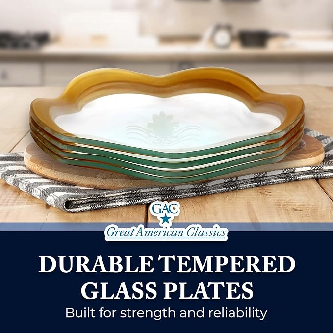 GAC Scalloped Tempered Glass Dessert Plates and Platters - Elegant Dinnerware & Decorative Plates with Gold Trim, Ideal for Serving Food, Special Occasions, and Presents - Set of 4, 7.5 Inch