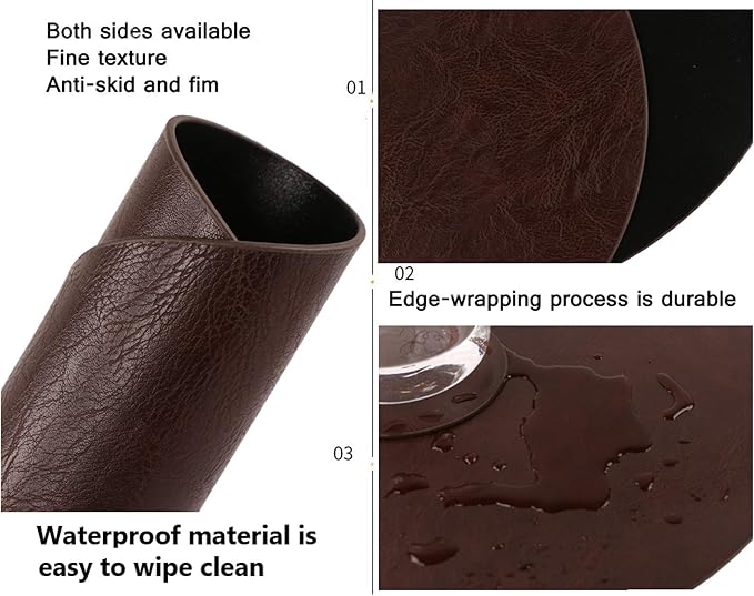 Set of 8 Faux Leather Round Placemats and Coasters, Coffee Mats Kitchen Table Mats, Waterproof, Easy to Clean for Kitchen Dining Round Table