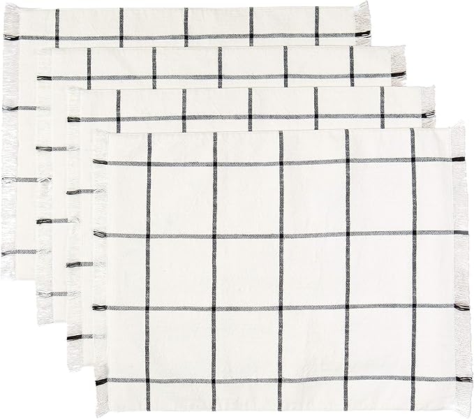 Sticky Toffee Woven Cotton Placemats Set of 4, Cream Farmhouse Plaid, 14 x 19 in, Washable Table Mats for Kitchen or Dining Table