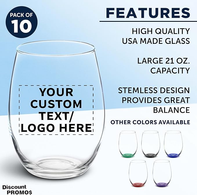 DISCOUNT PROMOS 10 ARC Stemless Wine Glasses Set, 21 oz. - Customizable Text, Logo - Chardonnay, Cabernet, Merlot, Sauvignon - Clear