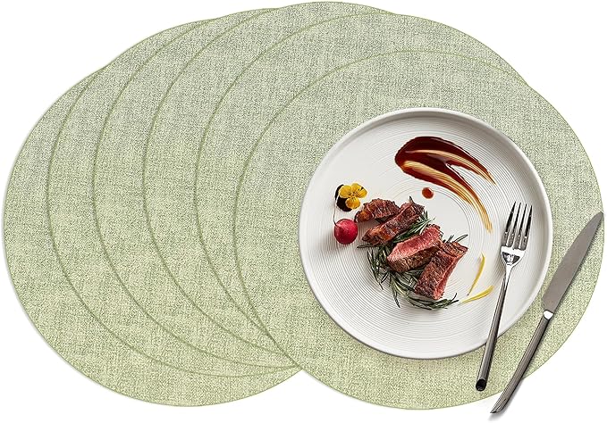 15 inch Faux Leather Round Placemats Set of 6 Non-Slip Washable Wipeable Table Mats, Heat Resistant Waterproof Oilproof Sage Green Place Mats for Kitchen, Dining, Party, Indoor, Outdoor