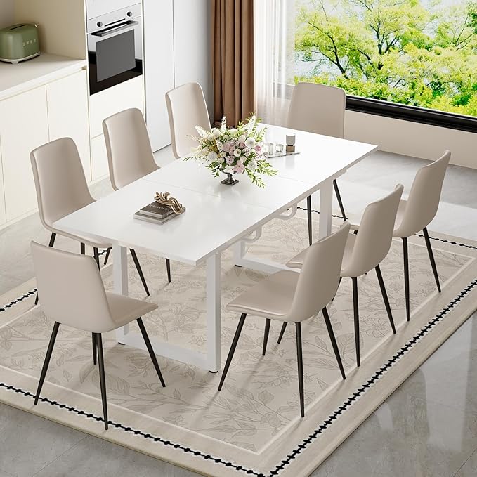 Extendable Dining Table Set for 8, 55"–71" Modern White Kitchen Table with 8 Upholstered Chairs, Space-Saving for Living Room Apartment, Sturdy & Comfortable, Easy Assembly