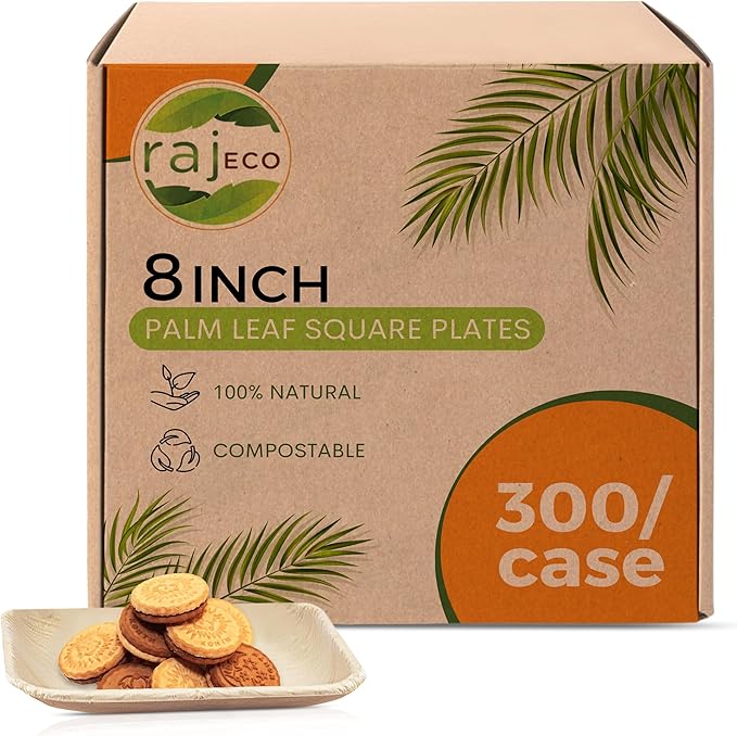 Raj Palm Leaf Plates [50-Pack] 8" Square Plates(6 CASES - 300 PACK) like Bamboo plates Disposable, Strong, Decorative Compostable Tableware for weddings, Lunch, Dinner, Birthday, Camping