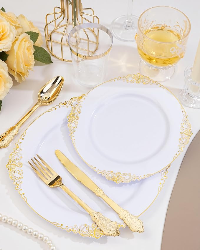 Nervure 700PCS Gold Plastic Plates - Gold Plastic Dinnerware Sets for 100 Guests - 200 Disposable Plates, 300 Silverware, 100 Cups, 100 Napkins for Wedding & Party