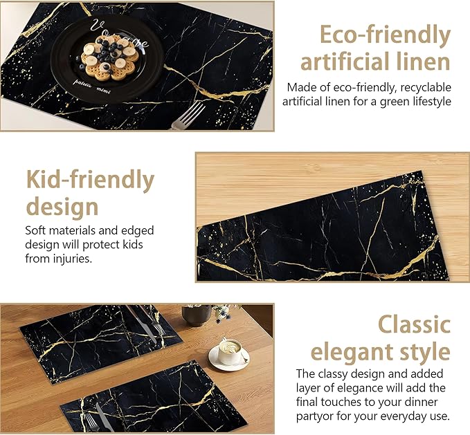 Table Placemats Set of 6 Abstract Black Marble Texture Place Mats Washable Kitchen Dining Linen Table Mats Stain Heat, for Home Party Indoor 12x18 in