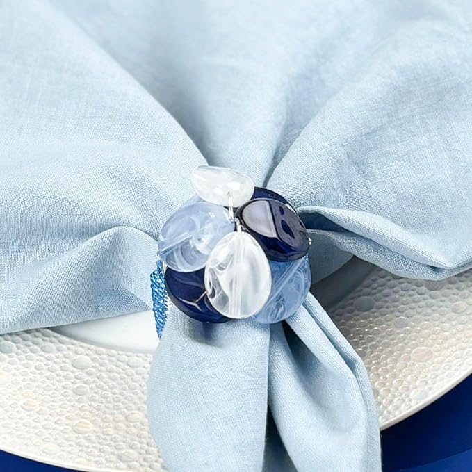 Beaded Pebble Stone Napkin Rings – Handcrafted Acrylic Holders with Natural Coastal Look – Elegant Table Decor for Modern, Ester, Spring, Wedding, or Gift - Set of 4, Blue