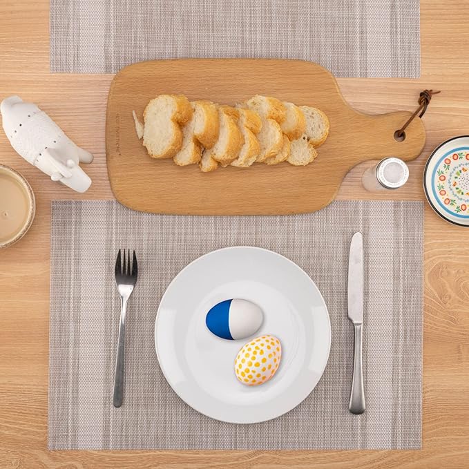 Winknowl Placemats Set of 8, Heat Resistant Non-Slip Vinyl Woven Table Mats for Dining Table, Washable Durable Elegant Place Mats for Kitchen Indoor/Outdoor Use (Beige White)