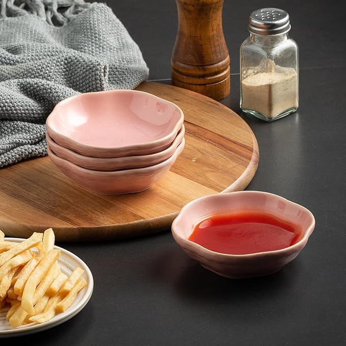 4.4Oz Kiln-Changed Dipping Bowls, 4.3 Inches Ceramic Flower-Shaped Soy Sauce Dishes, Small Appetizer/Side Plates Set of 4 (pink)