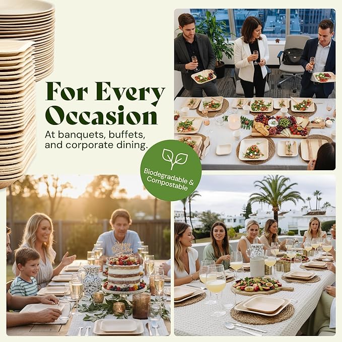 Chic Leaf Palm Leaf Disposable Bamboo Plates - Square Party Plates for Weddings, Parties, Event Appetizers - Biodegradable & Compostable - Romantic Dinner for 2 Party Supplies (10", 100 Pack)