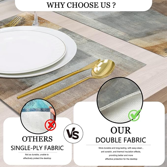 Mcalk Brown Table Runner and Placemats Set of 6, Abstract Grey Placemats, Modern Art Cloth Place Mats Indoor for Kitchen,Washable Linen Material for Dining Table