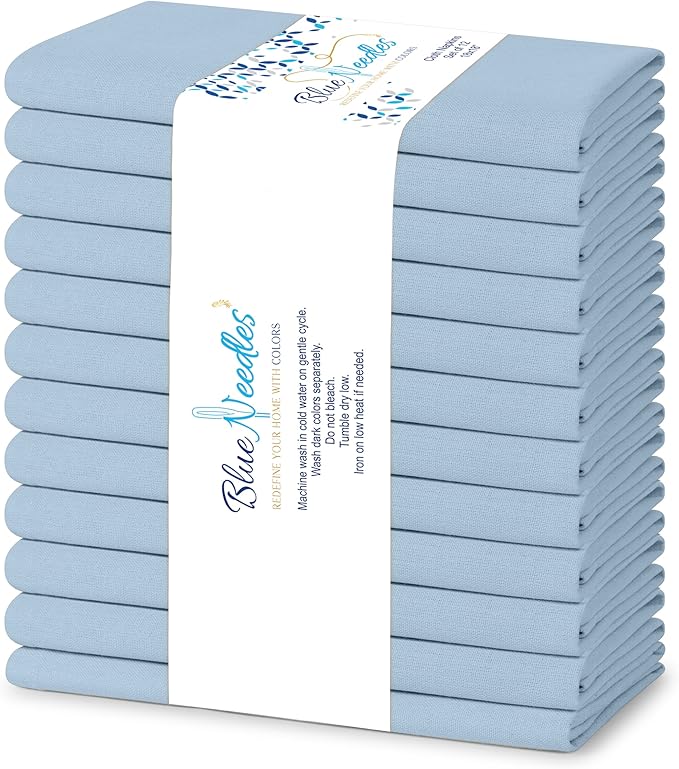 Blue Needles Solid Cloth Napkins Set of 12 Ice Blue 100% Cotton Dinner Napkins 18x18 inches - Soft, Reusable, Absorbent & Washable Linen, Ideal for Wedding Events, Parties & Everyday Use