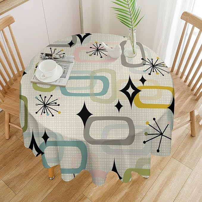 Mid Century Modern Round Tablecloth, Geometry Bohemian Retro Abstract Tablecloth for Home Party Dining Room Kitchen Decor 36Inch(90cm)