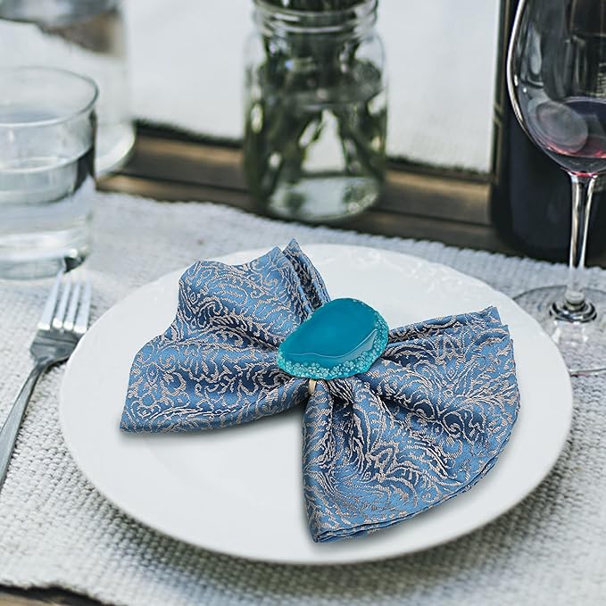 CozyTower Agate Napkin Rings Set of 4, Gold Napkin Holders for Cloth Napkins, Unique Wedding Decorations Napkin Ring Kitchen Accessories for Dinner Party (Blue Agate)