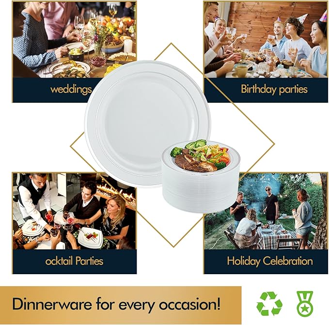 Vplus 100 Piece 10 Inch Silver Plastic Plates Disposable, Heavy Duty White Elegant Durable Dinner Plastic Party Plates with Silver Rim Perfect for Party Christmas