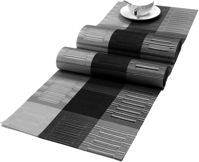 SHACOS Woven Vinyl Table Runner PVC Table Runner 12 x 71 inch Wipe Clean Indoor Outdoor, Ombre Black and Gray