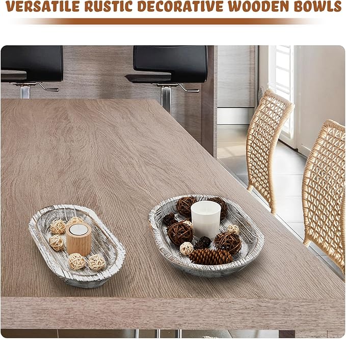 Tessco 2 Pcs Wooden Dough Bowl for Home Rustic Bread Long Wooden Bowl for Kitchen Dining Table Home Decoration(10 x 6 x 2 Inch, 14 x 10 x 2 Inch,White)