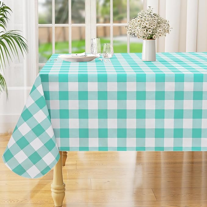 misaya Rectangle Waterproof Vinyl Table Cloth, Buffalo Flannel Backed Tablecloth, Wipeable Plastic Table Cover for Dinner, Kitchen, Outdoor (60" x 120", Teal and White)