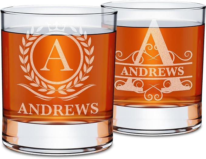 On The Rox Personalized Whiskey, Bourbon Glass Gifts for Men - 11 oz Engraved Name Monogram Scotch Glass - Customized Cocktail, Rocks, Brandy Glass Drinks (2)