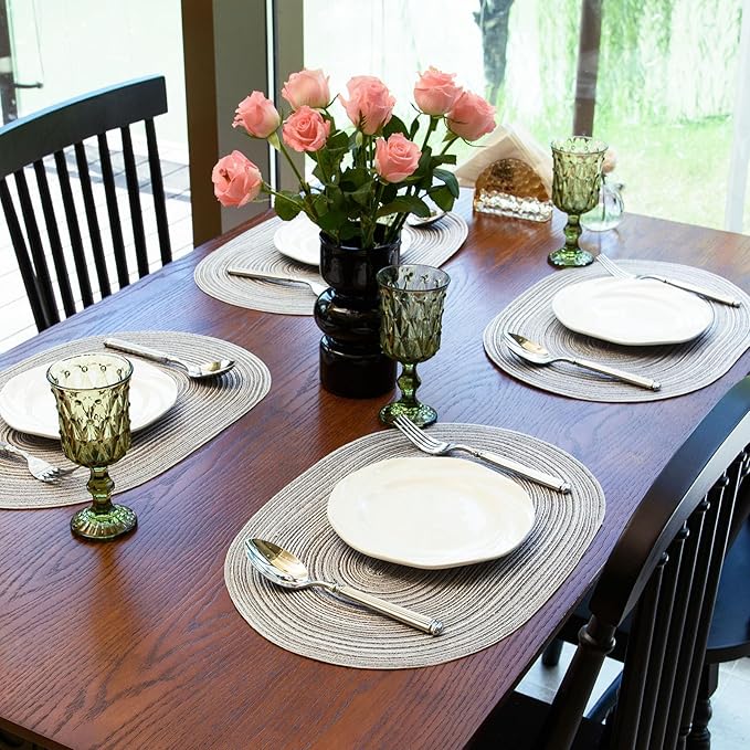 Noctiflorous Oval Braided Placemats Set of 6 Woven 12x18 Inch Non Slip Washable Heat Resistant Place Mats Round Tablemats for Dining Kitchen Party Daily Table Decor Dinner Mats (Gray, 6)