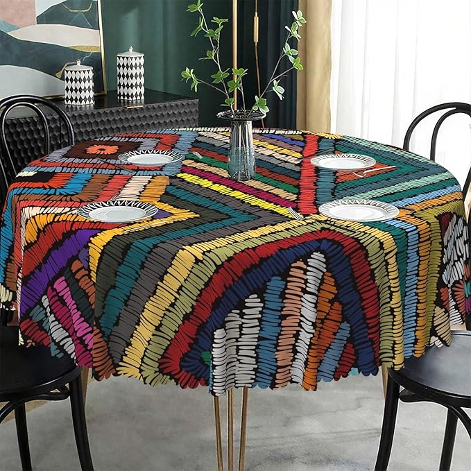 Laeacco 42 Inch Colorful Patchwork Round Tablecloth Woven Geometric Pattern Abstract Art Print Table Cloth Washable Waterproof Wrinkle Free Table Cover for Kitchen Dining Picnic Party Decoration