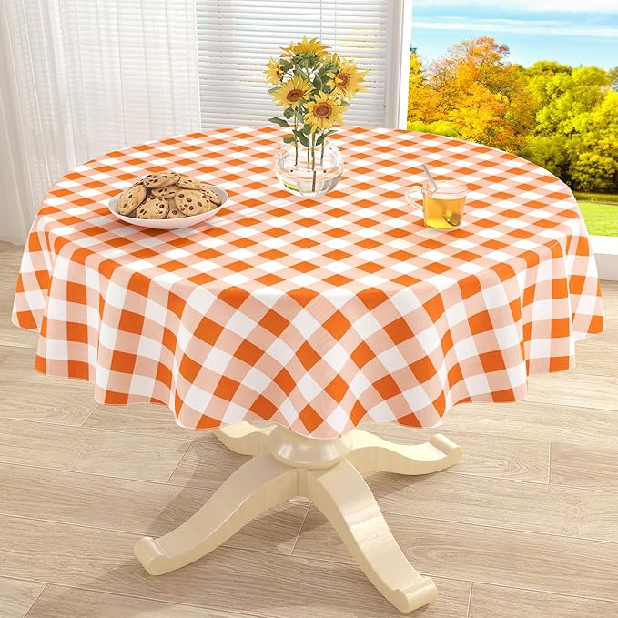 misaya Round Waterproof Vinyl Table Cloth, Buffalo Flannel Backed Tablecloth, Wipeable Plastic Table Cover for Dinner, Kitchen, Picnic (60", Orange and White)