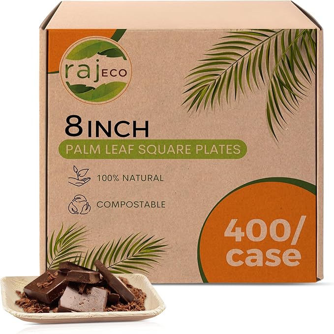 Raj Palm Leaf Plates [50-Pack] 8" Square Plates(8 CASES - 400 PACK) like Bamboo plates Disposable, Strong, Decorative Compostable Tableware for weddings, Lunch, Dinner, Birthday, Camping