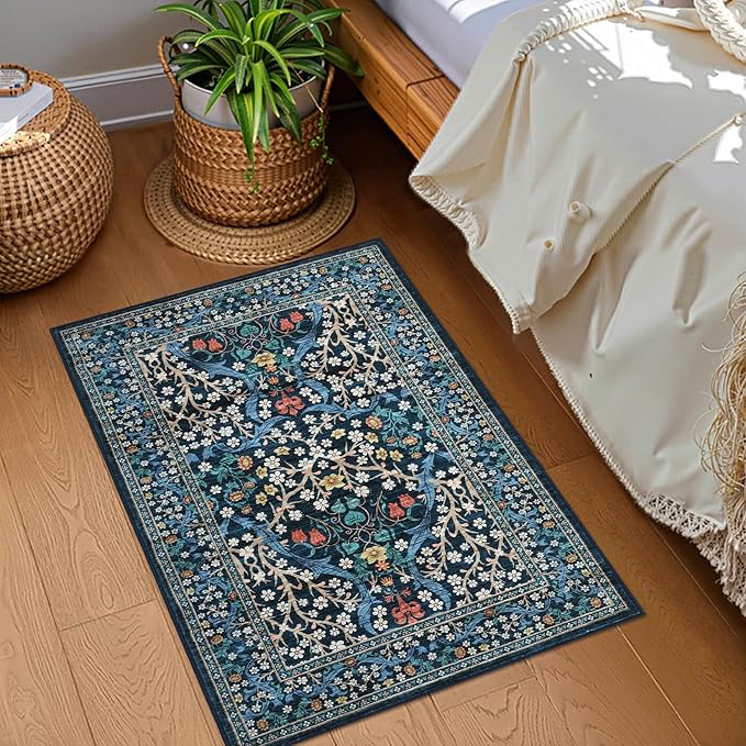 GarveeHome Floral Entryway Rug, 2x3 Washable Front Door Entry Throw Rugs Indoor, Non Slip Bathroom Small Rugs, Boho Thin Rug for Kitchen, Soft Carpet Mat for Bedroom Bathroom, Dark Blue