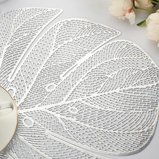 Evevda Silver Leaf Shaped Vinyl Placemats for Dinner Table Set of 8 Metallic Plastic Place Mats Wipeable 8Pcs Table Mats for Wedding Annersary Dinner Table Decoration Mats(17.7x13.8inch/45x35cm)…