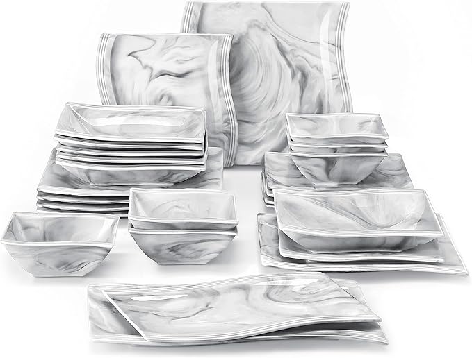 MALACASA Square Dinnerware Sets, 26-Piece Marble Grey Plates and Bowls Sets, Porcelain Dinner Set Microwave Safe, Kitchen Dinnerware Plates Set, Dishes and Bowls, Service for 6, Series Flora