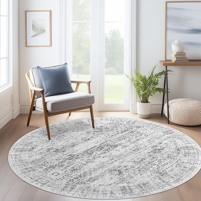 9x9 Grey Round Rug 9ft Living Room Circle Rug Vintage Round Area Rug Non Slip Indoor Carpet for Apartment
