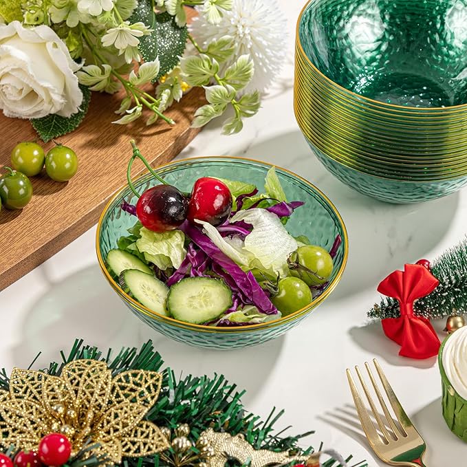 Rubtlamp 30 Pack Clear Green Disposable Bowls, Clear Plastic Bowls with Gold Rim, 12-16oz Premium Heavy Duty Plastic Dinner Bowls for Party&Holiday