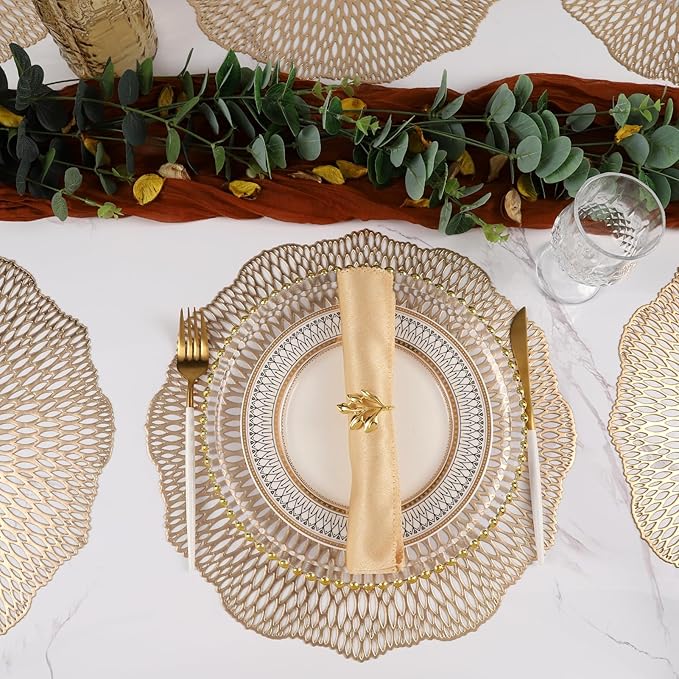 Placemats Set of 6, Round Placemats Gold 15 Inch Washable Vinyl Place Mats Dining Table Mats for Anniversary Wedding Party Kitchen Decorations