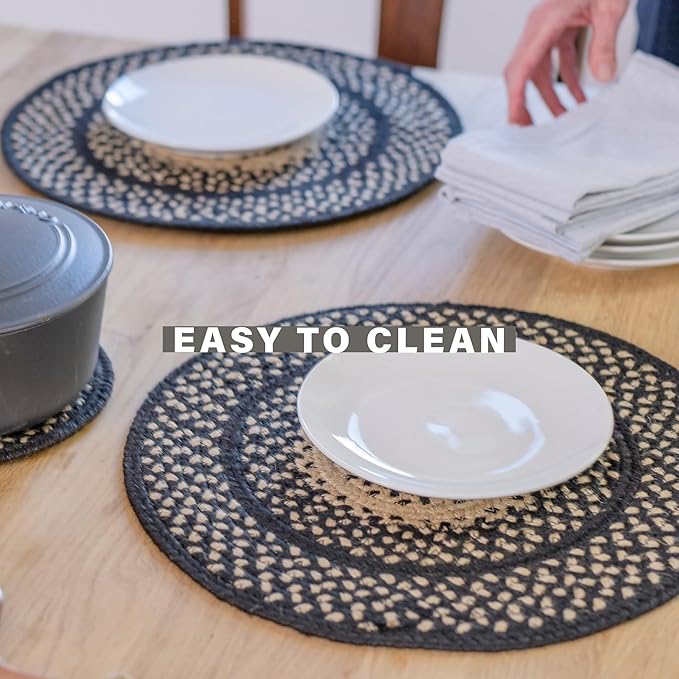 Manchester Jute Braided Kitchen Trivets for Hot Dishes, Country Primitive Decor, Set of 6, Black and Tan 8" Round Heat Resistant Mat - Rich Colors, Easy to Clean, Durable and Protects Furniture