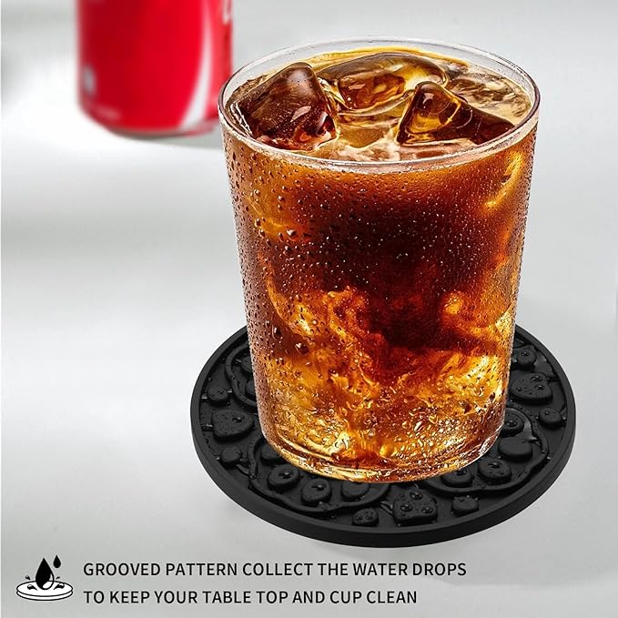 Black Silicone Coaster with Holder, 4 Inches Modern Bar Coasters Set of 6 for Desk, Tabletop Non Slip Decorative Cup Mat for Coffee, Drinks, Beer, Beverage - Dishwasher Safe