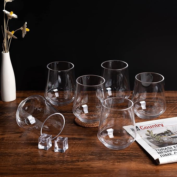 KX-WARE Unbreakable 16-ounce Acrylic Stemless Wine Glasses All Purpose Plastic Tumbler, set of 6 Clear Dishwasher Safe BPA Free Classic Style