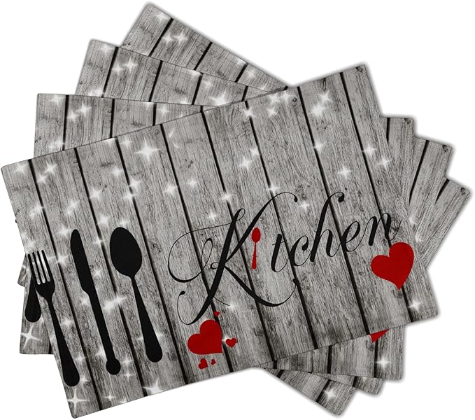 Farmhouse Kitchen Table Placemats - Rustic Place Mats Set of 4 Heart Wood Table Mats 12x18 for Party Kitchen Dining Grey